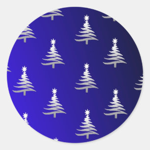 Sticker Rond Arbres de Noël Argent sur Bleu Cobalt