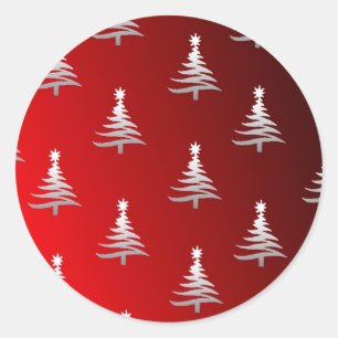 Sticker Rond Arbres de Noël Argent sur Rouge