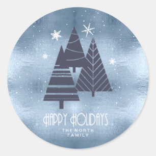 Sticker Rond Arbres de Noël et flocons de neige Blue ID863