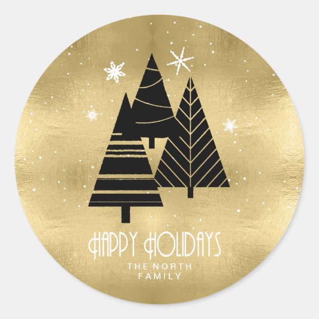 Sticker Rond Arbres de Noël et flocons de neige Gold ID863 (Devant)