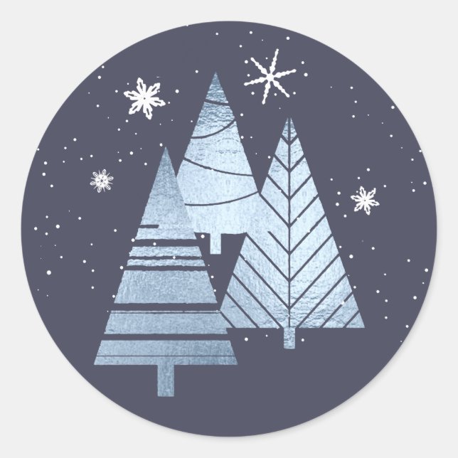 Sticker Rond Arbres de Noël et flocons de neige V2 Blue ID863 (Devant)