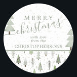 Sticker Rond Arbres de Noël modernes MERRY CHRISTMAS Script<br><div class="desc">Arbres de Noël abstraits modernes et arbres forestiers et motifs de neige d'hiver dans les tons vert olive et sauge avec l'accueil MERRY CHRISTMAS et personnalisée avec votre nom ou texte personnalisé. Contactez le concepteur via Zazzle Conversation ou makeitaboutyoustore@gmail.com si vous souhaitez modifier ce design, sur un autre produit ou...</div>