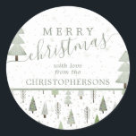 Sticker Rond Arbres de Noël modernes MERRY CHRISTMAS Script<br><div class="desc">Arbres de Noël abstraits modernes et arbres forestiers et motifs de neige d'hiver dans les tons vert olive et sauge avec l'accueil MERRY CHRISTMAS et personnalisée avec votre nom ou texte personnalisé. Contactez le concepteur via Zazzle Conversation ou makeitaboutyoustore@gmail.com si vous souhaitez modifier ce design, sur un autre produit ou...</div>