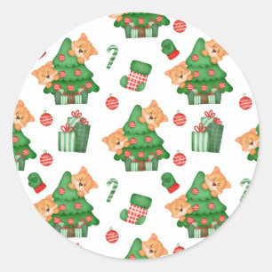 Sticker Rond Arbres de Noël, ornements et chats