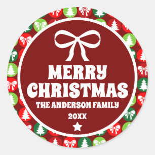 Sticker Rond Arbres de Noël Rétro Vintage et Ornement de Rubans