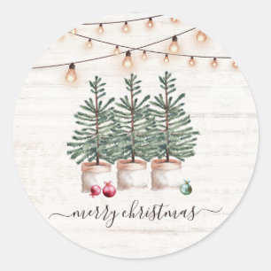 Sticker Rond Arbres de Noël rustiques guirlande lumineuse en bo