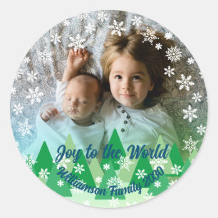 Sticker Rond Arbres de Noël Snowflakes blanc Joie au monde
