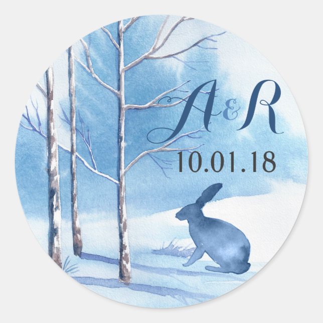 Sticker Rond Arbres d'hiver Bleus Monogramme Mariage (Devant)