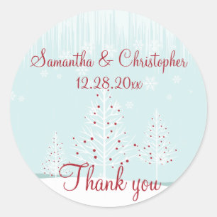 Sticker Rond Arbres d'hiver et flocons de neige Mariage Merci