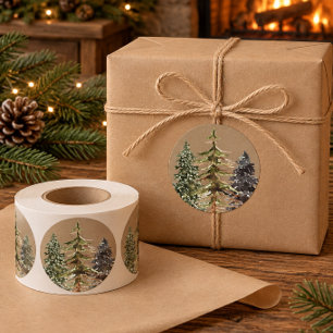 Sticker Rond Arbres épicéas de Kraft rustique d'hiver
