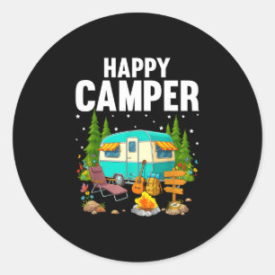 Sticker Rond Arbres étoiles de campeur heureux et remorque de c