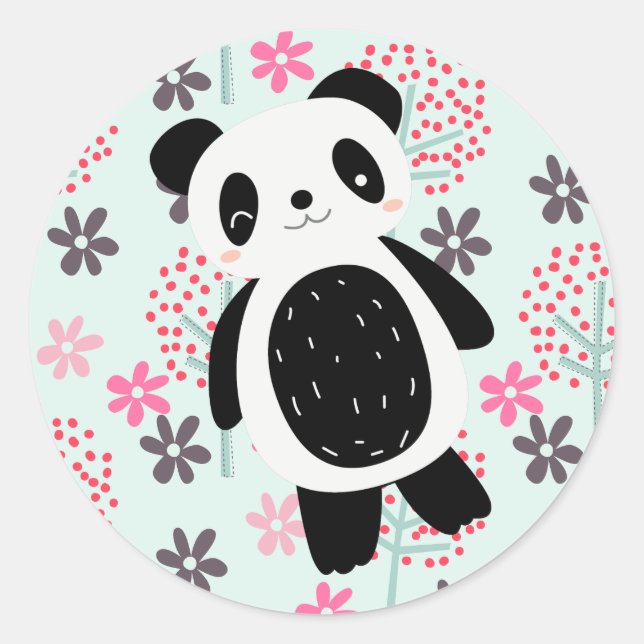 Sticker Rond Arbres, fleurs et ours de panda (Devant)