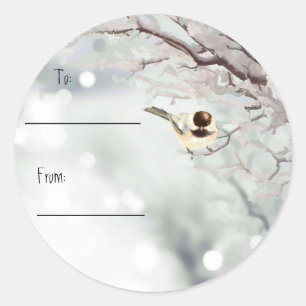 Sticker Rond Arbres mignons de neige de Chickadee de Noël