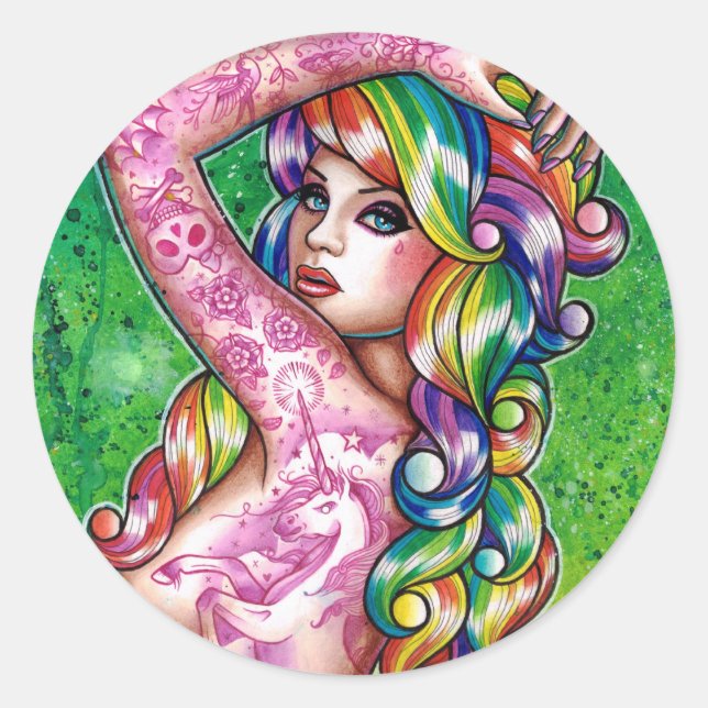 Sticker Rond Arc-choc Arc-en-ciel Pin-up fille (Devant)