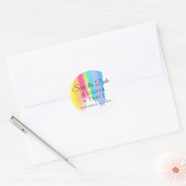 Sticker Rond Arc en arc-en-ciel Mariage LGBTQ Enregistrer la da (Enveloppe)