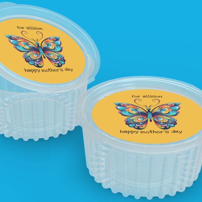 Sticker Rond Arc-en-ciel brillant | Aqua | Bleu | Orange (Round stickers with gorgeous rainbow butterfly that you can personalize for birthdays and occasions.)