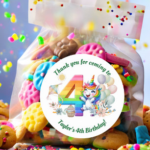 Sticker Rond Arc-en-ciel coloré et Unicorn 4e fête d'anniversai
