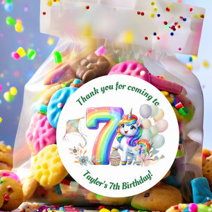 Sticker Rond Arc en ciel coloré et Unicorn 7e fête d'anniversai