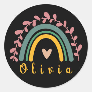 Sticker Rond Arc-en-ciel de Boho de fille avec nom personnalisé