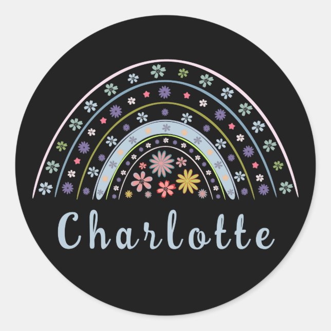 Sticker Rond Arc-en-ciel floral Boho avec nom personnalisé (Devant)