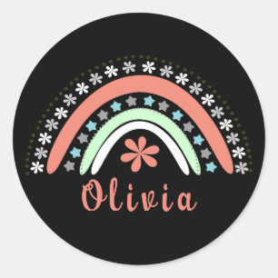 Sticker Rond Arc-en-ciel Floral Boho Avec Nom Personnalisé