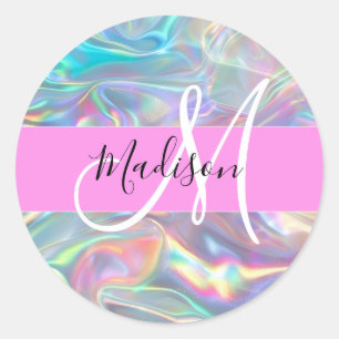 Sticker Rond Arc-en-ciel Girly Holographique Iridescent Monogra