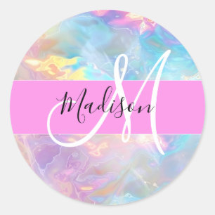 Sticker Rond Arc-en-ciel girly holographique monogramme iridesc