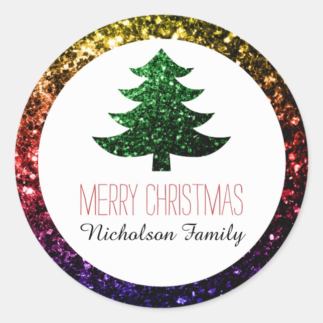 Sticker Rond Arc en ciel + Green Christmas tree scintille Drape (Devant)