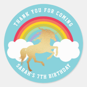 Sticker Rond Arc-en-ciel rétro et nuages d'or Unicorne Merci