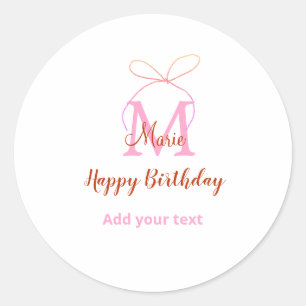 Sticker Rond Arc en ruban pailleté rose avec nom lettre monogra