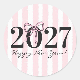 Sticker Rond Arc en ruban rayé rose chic 2027 Nouvel An Mignon
