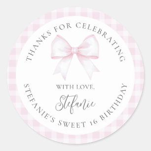 Sticker Rond Arc en ruban rose élégant Sweet 16 Fille Anniversa
