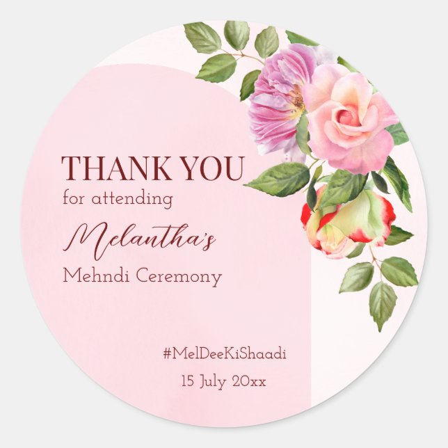 Sticker Rond Arc rose avec rose personnalisées mehndi merci (Devant)