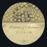 Sticker Rond Arch Art Nouveau Peacock Birds Sceau Mariage<br><div class="desc">Vignoble Art Nouveau Peacocks Grapevine Raisins pourpres avec Mariage des perles d'or</div>