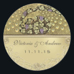 Sticker Rond Arch Art Nouveau Peacock Birds Sceau Mariage<br><div class="desc">Vignoble Art Nouveau Peacocks Grapevine Raisins pourpres avec Mariage des perles d'or</div>