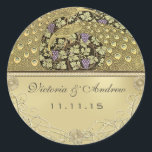Sticker Rond Arch Art Nouveau Peacock Birds Sceau Mariage<br><div class="desc">Vignoble Art Nouveau Peacocks Grapevine Raisins pourpres avec Mariage des perles d'or</div>