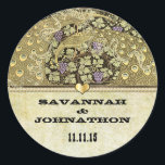 Sticker Rond Arch Art Nouveau Peacock Birds Sceau Mariage<br><div class="desc">Vignoble Art Nouveau Peacocks Grapevine Raisins pourpres avec Mariage des perles d'or</div>