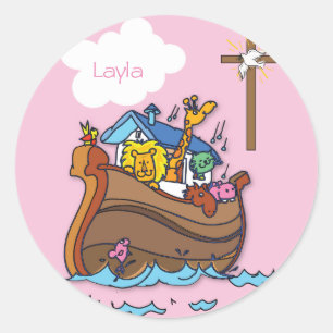 Sticker Rond Arche de Noé personnalisable pour baptême de bébé