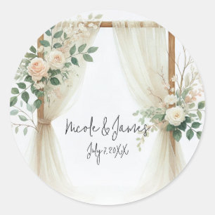 Sticker Rond Arche en bois floral de roses verdure mariage rust