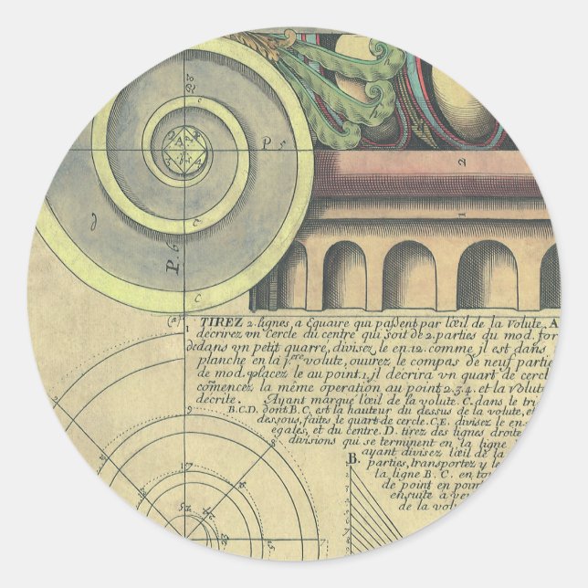 Sticker Rond Architecture Ancienne ; Volute de Chapiteau par Vi (Devant)