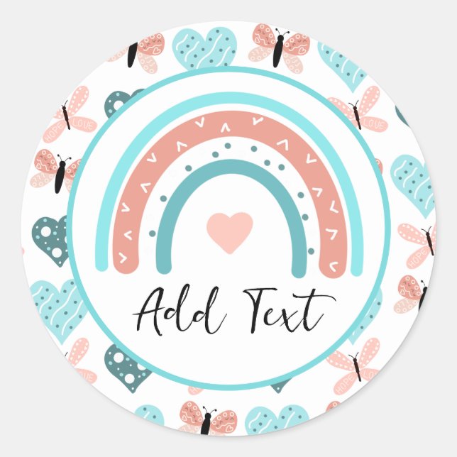 Sticker Rond Arcs-en-ciel, papillons et coeurs personnalisés (Devant)