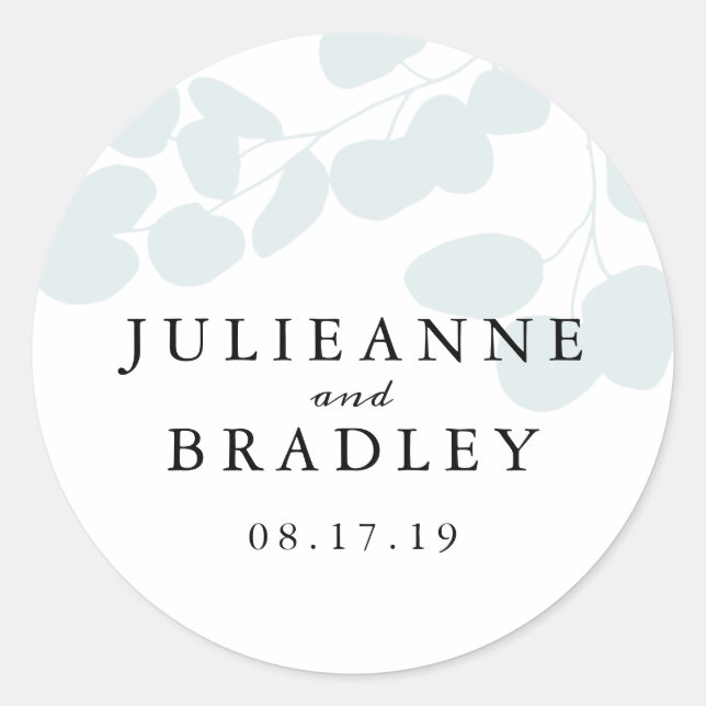 Sticker Rond Argent Bleu Eucalyptus Branche Mariage moderne (Devant)