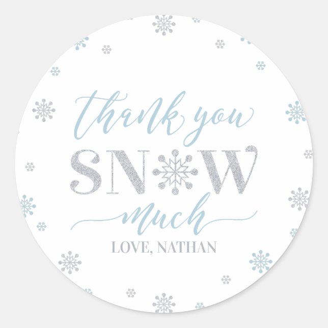 Sticker Rond Argent, bleu hiver merveilleuse Merci neige beauco (Devant)