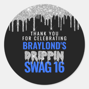 Sticker Rond Argent et Bleu Déchets Swag 16 Anniversaire