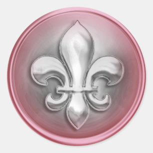Sticker Rond Argent et rose Fleur de Lis Embossé Look