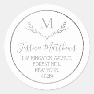 Sticker Rond Argent Foil Wreath Custom Monogram Adresse de reto