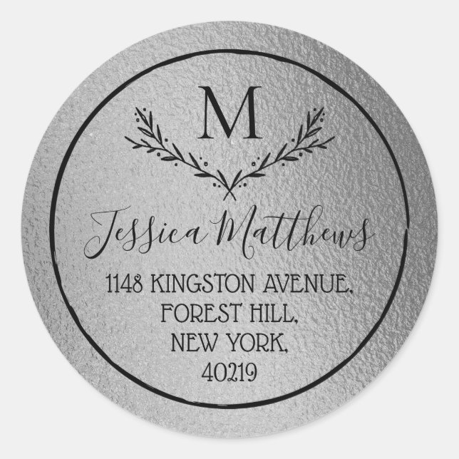 Sticker Rond Argent Foil Wreath Custom Monogram Adresse de reto (Devant)