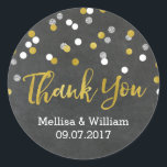 Sticker Rond Argent Gold Chalkboard Confetti Wedding Favor Tags<br><div class="desc">Merci mariage vous préférez les étiquettes autocollantes en motif de tableau rustique avec des confettis d'effet parties scintillant or et argent et des lettres de style manuscrit. (veuillez noter que la parties scintillant est imprimée seulement) Une excellente façon de décorer les faveurs de mariage.</div>