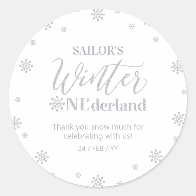 Sticker Rond Argent hiver pays, Merci neige beaucoup (Devant)