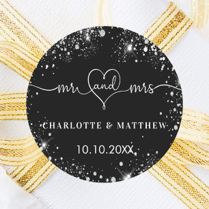Sticker Rond Argent noir m. mrs coeur mariage